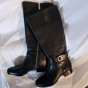 Michael Kors black leather boots gold logo calf